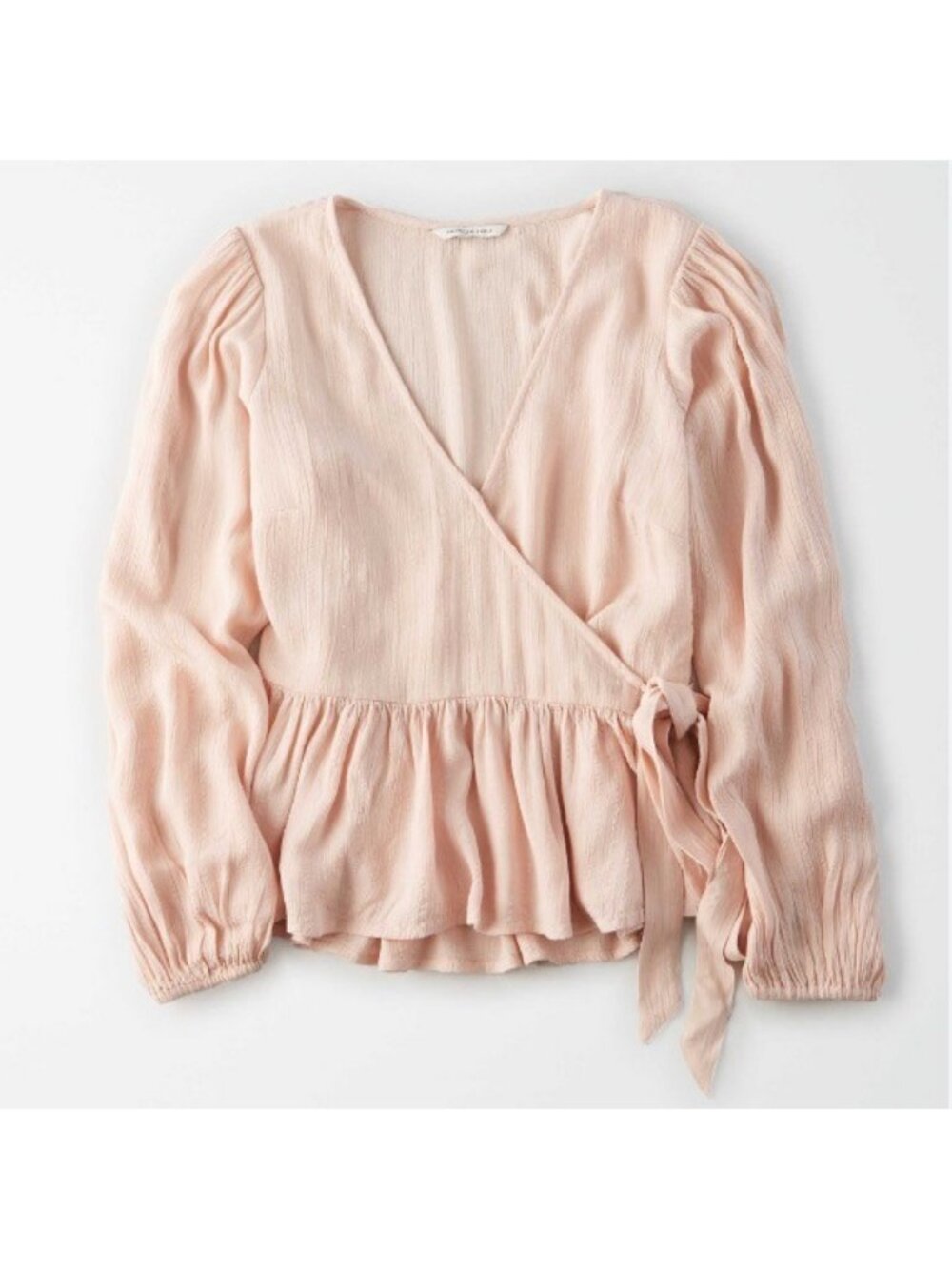 American Eagle Womens Light Pink Wrap Top With Long Sleeves & Tie Waist Size L